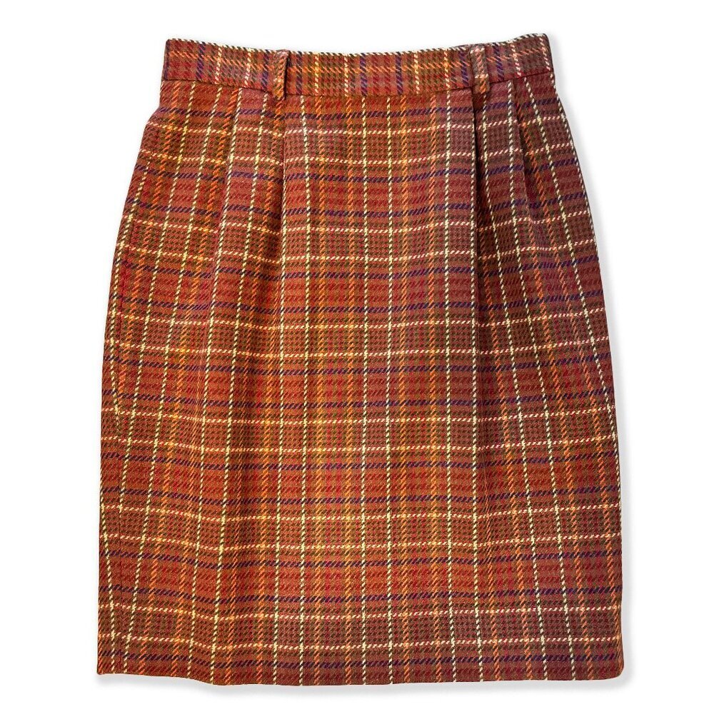 Vintage Plaid Wool Pencil Skirt in Rust and Brown